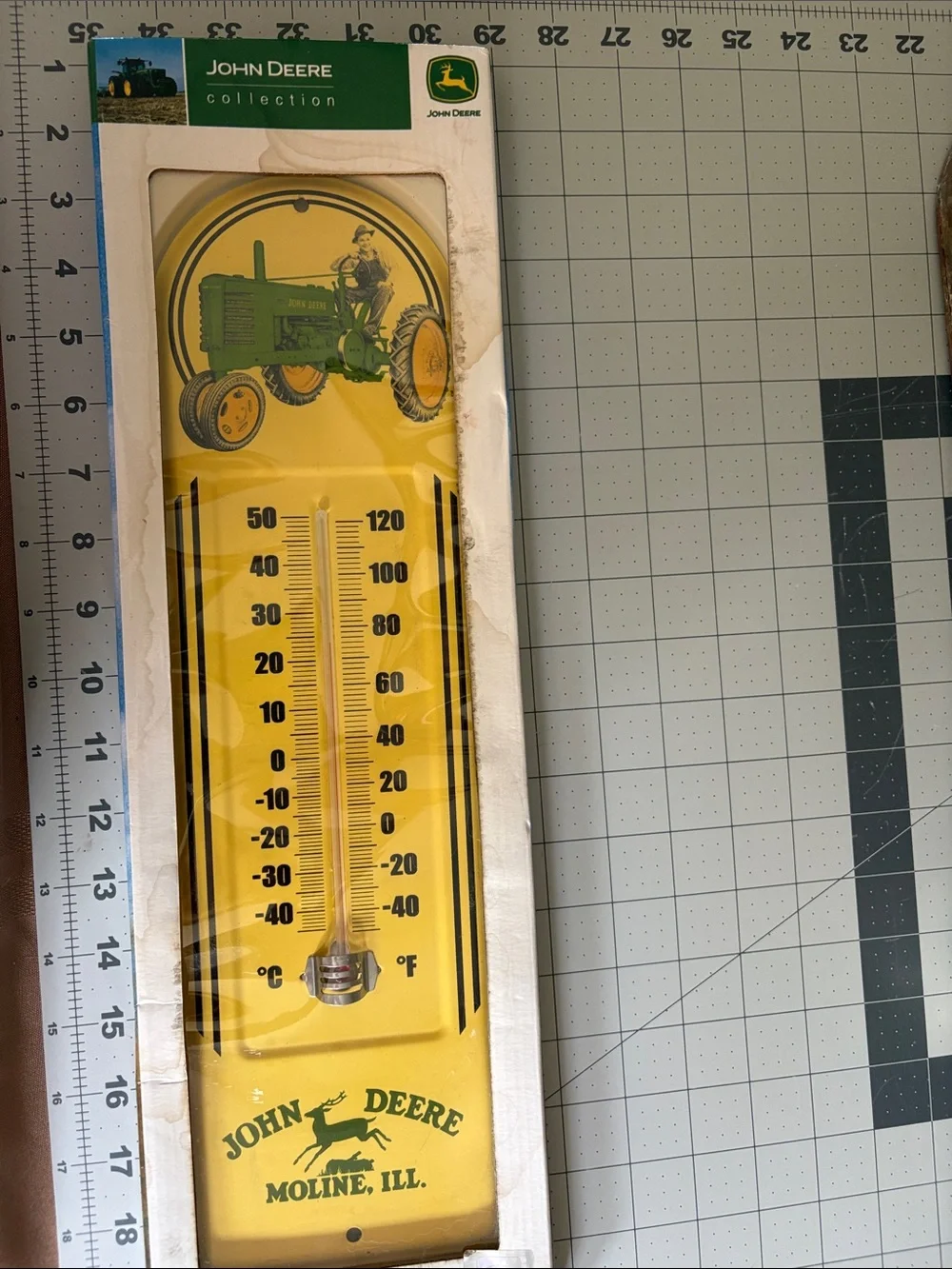 John Deere Yellow and Green Metal Thermometer with Tractor Graphic